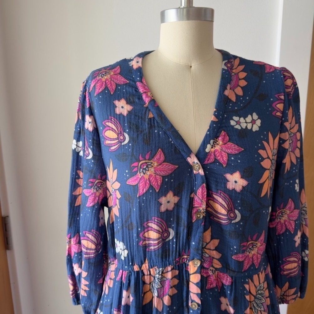 Marine Layer  Willow Long Sleeve V-neck Midi Dress-Cotton-Pockets-Batik Floral-M - Picture 2 of 16